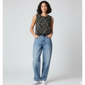 Plisse Y2K‎ Women's Black Tan Abstract Lines Sleeveless Top Size M Fairy Goth